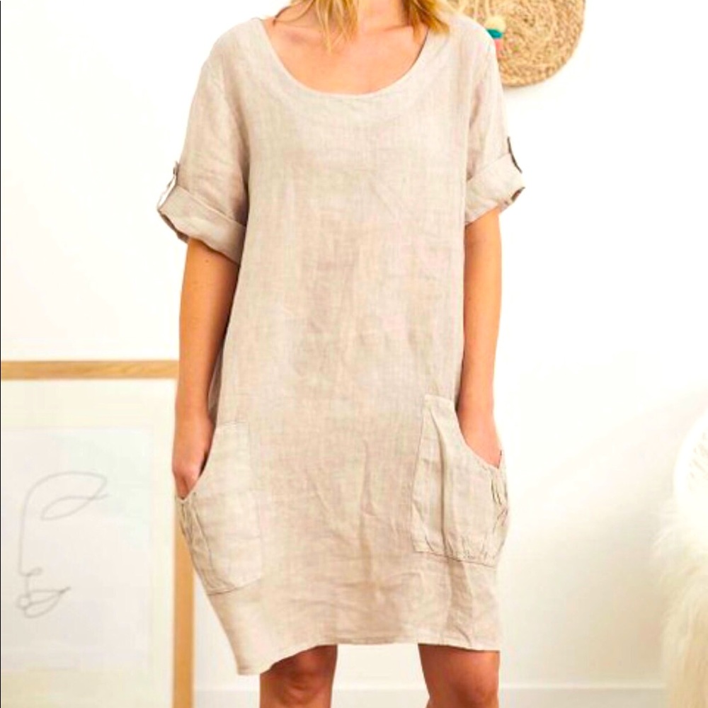 Beige Pocket Linen Scoop Neck Shift Dress